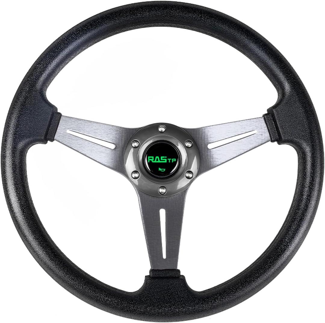 RASTP Universal Racing Steering Wheel 13.8/350mm 6 Bolts Grip Vinyl Leather & Aluminum with Horn Button for Car -Gray