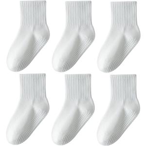 Wamvp Toddler Grip Socks with Non-Slip, Unisex Baby Retro Stripe Seamless Crew Ankle Cotton Socks for Girls Boys 6 Pairs, Pure White 3-5T