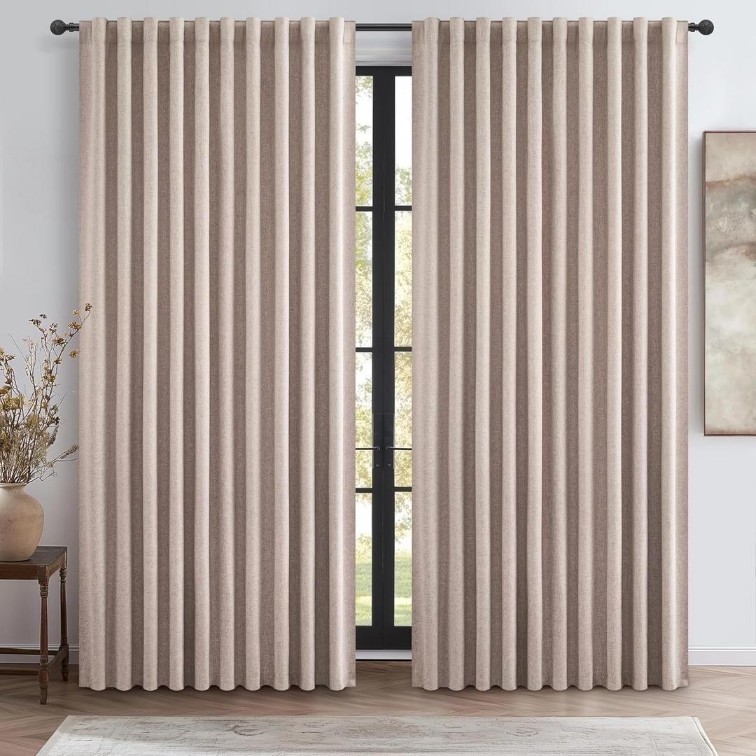 Extra Wide 70 Inch Blackout Curtains 96 Inches Long for Living Room, Rustic Boho Room Darkening Textured Linen Pleated Dining Room Insulated Ceiling Track Window Drapes 70"W x 96"L 2 Panels