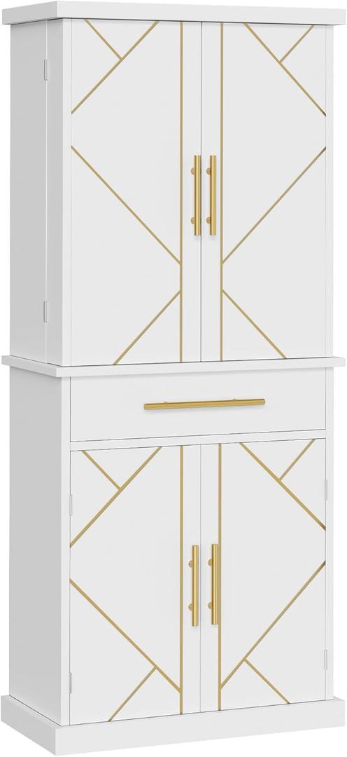 YITAHOME Kitchen Pantry Cabinet, 72" Tall Wood Storage Cabinet with 4 Doors and 3 Shelves 1 Drawer 6 Side Rack Freestanding Modern Carved Cupboard for Dining Room Living Room Furniture, White