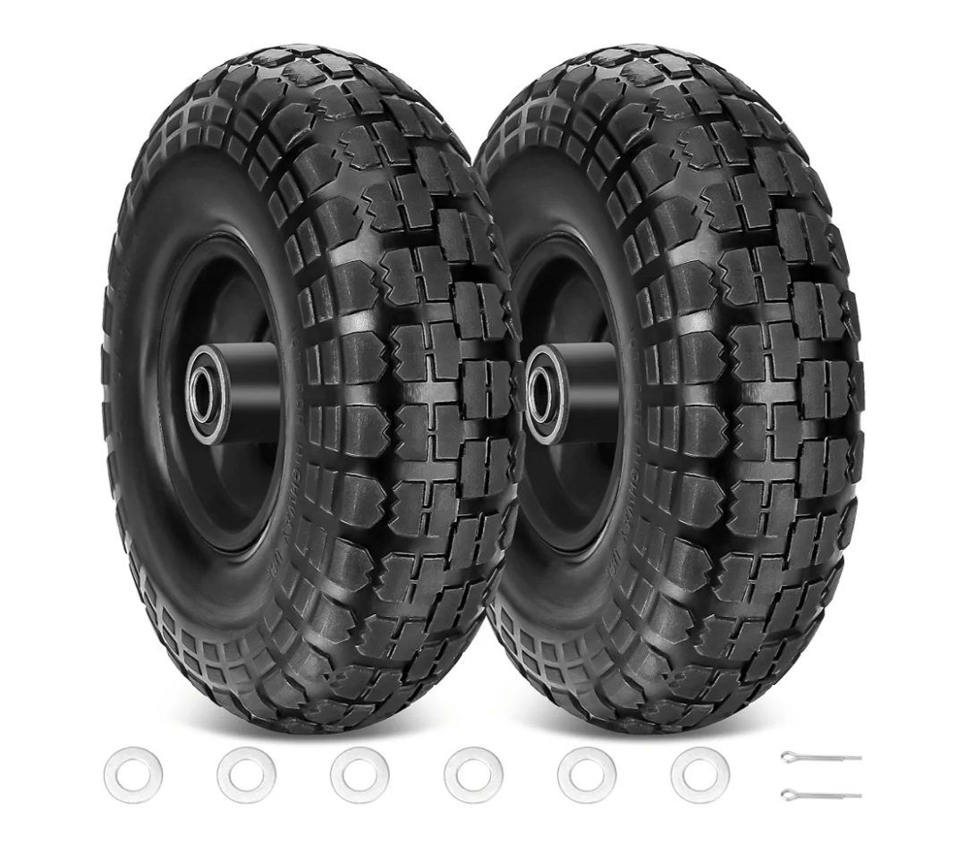 TICONN 10" Solid Tires, 2 Pack Flat Free 4.10/3.50-4'' Wheels with 5/8” Axle Bore Hole and Double Sealed Bearings (Black, 2PK)