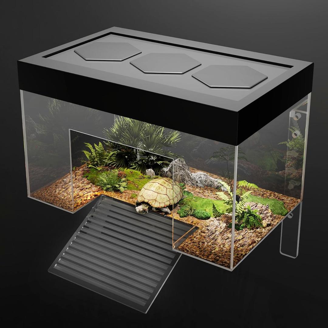 Turtle Basking Platform,11.8*7.8*7.8inch Small Land Elevated Topper Decor,Red Eared Slider Hanging Habitat Enclosure Cage,Cuckold Tank with Lid,Tortoise House for Semi Aquatic Baby Terrapin