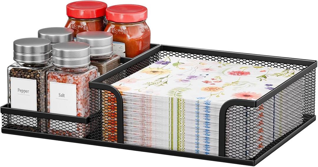 Square Napkin Holder for Table, Metal Napkin Holder for Kitchen Dining Room, Modern Cocktail Paper Napkin Organizer for Salt Pepper Shaker Countertop Decor, Black