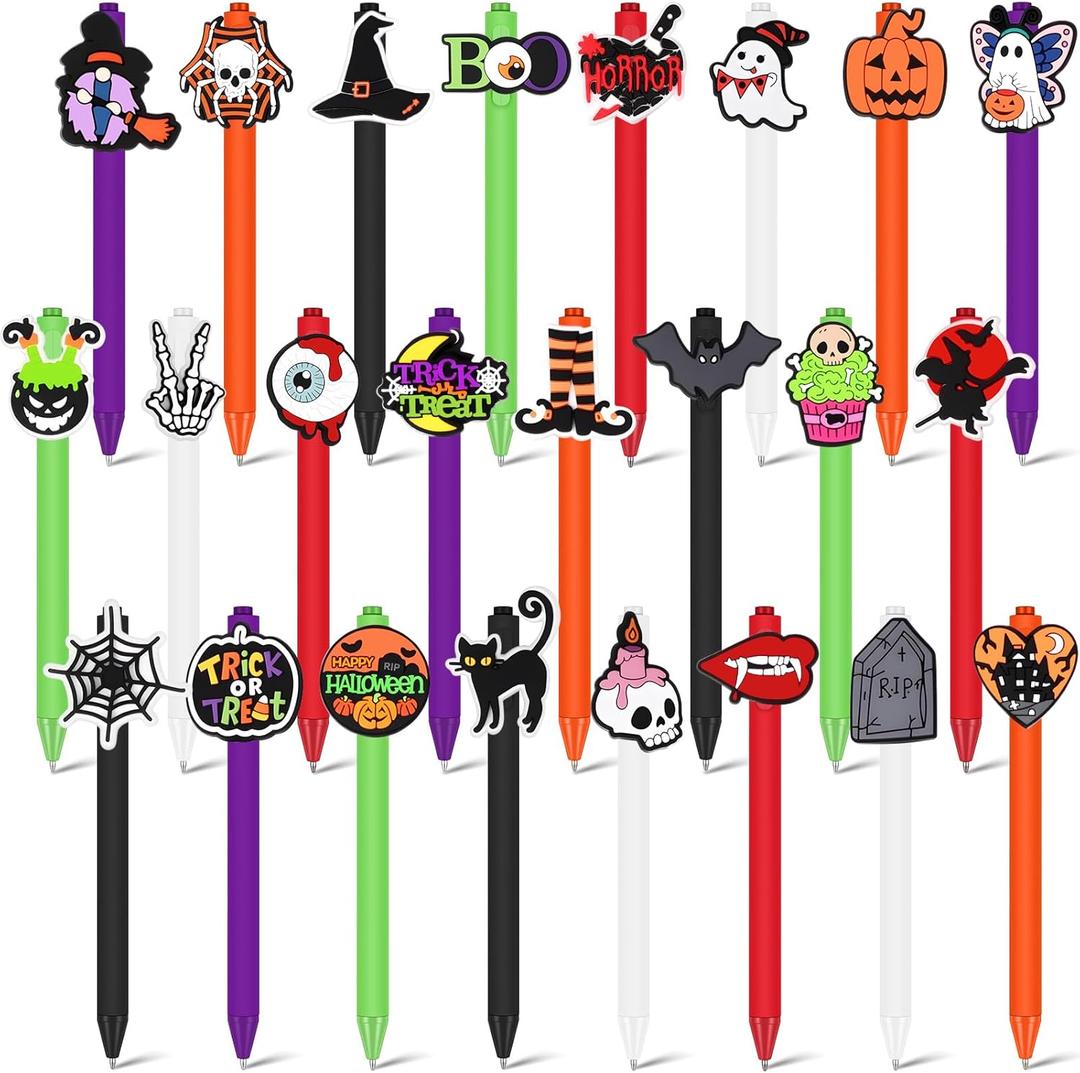24 Pcs Halloween Pens Funny Pumpkin Skull Heads Ghost Bat Shape Pens Bulk Retractable Black Ink Halloween Birthday Party Gifts for Kids Students Office Supplies School Stationery