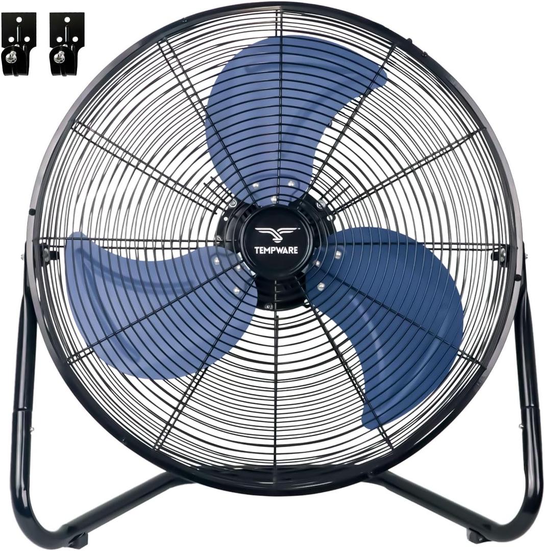 TEMPWARE 20 Inch High Velocity Industrial Floor Fan, 3-Speed Heavy Duty Metal Cradle Floor Fans with 360 Tilt for Warehouse, Workshop, Garage, Factory and Basement, Black & Blue