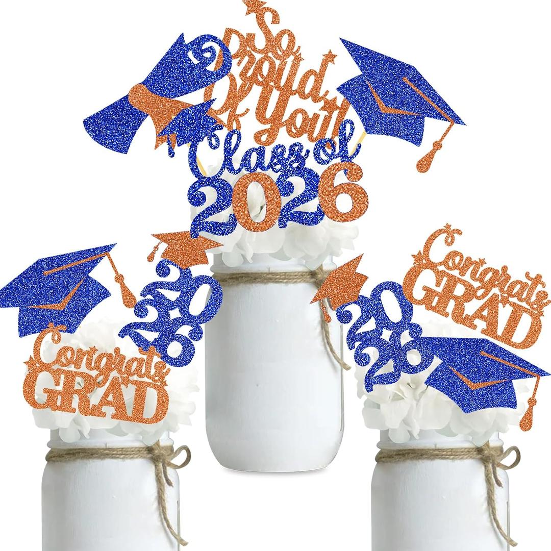 3 x Double Sided Graduation Centerpiece 16PCS Congrats Grad Party Favors Glitter Table Top Supplies Blue Orange