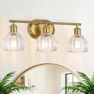 3-Light Bathroom Light Fixtures, Gold Vanity Lights for Bathroom with Ribbed Clear Tulip Glass Shade, Brass Vintage Wall Scone Lighting Over Mirror for Farmhouse,Bedroom,Living Room,Hallway