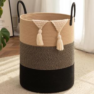 OIAHOMY Large Laundry Basket Hamper - 100L Cotton Rope Woven Basket for Blankets, Toys, Clothes - Tall Decorative Nursery Hamper with Long Handles, Yellow/Black