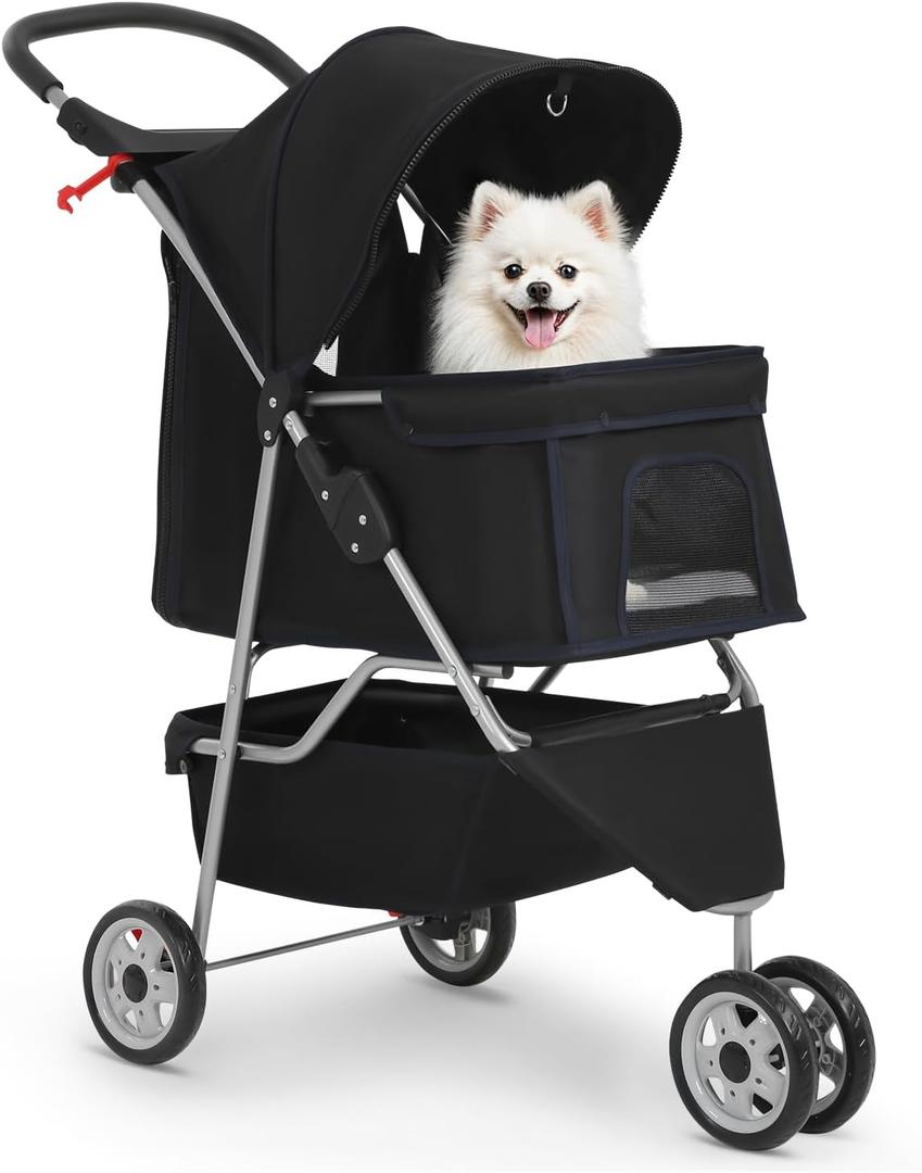 BestPet | 3-Wheel Pet Stroller | Dog and Cat Stroller | Breathable Mesh | Lightweight Travel Carrier | Waterproof & Foldable Design | Storage Basket | Black | for Daily Walks & Outdoor Use