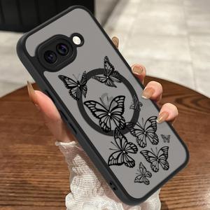 MOWIME Magnetic for Google Pixel 9a Case, [Compatible with MagSafe] Cute Butterfly Pattern for Women Girls Shockproof Translucent Matte Protective Case for Pixel 9a, 2025, Black