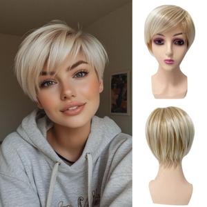 Sallcks Short Blonde Wigs for Women Layered Mixed Platinum Blonde Synthetic Heat Resistant Pixie Wig for Party Cosplay Use