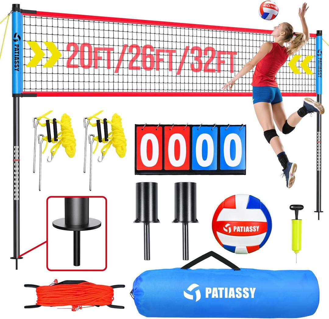 Portable Volleyball Net Set for Backyard & Beach, Adjustable Width (32/26/20FT) & Height, Anti-Sag Tension Design, Metal Stakes for Outdoor Stability, PU Volleyball with Pump, Scoreboard and Carry Bag