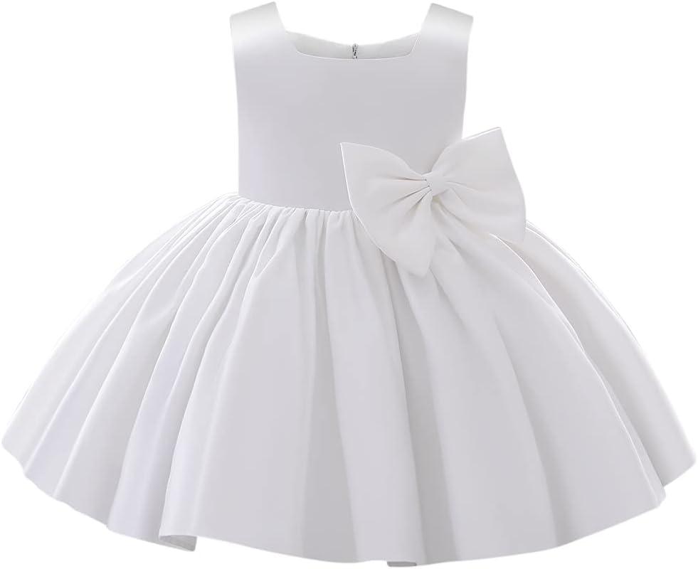 IDOPIP Flower Girl Bowknot Tutu Dress for Kids Baby Princess Wedding Bridesmaid Birthday Party Pageant Baptism Dresses (Size 80, White)