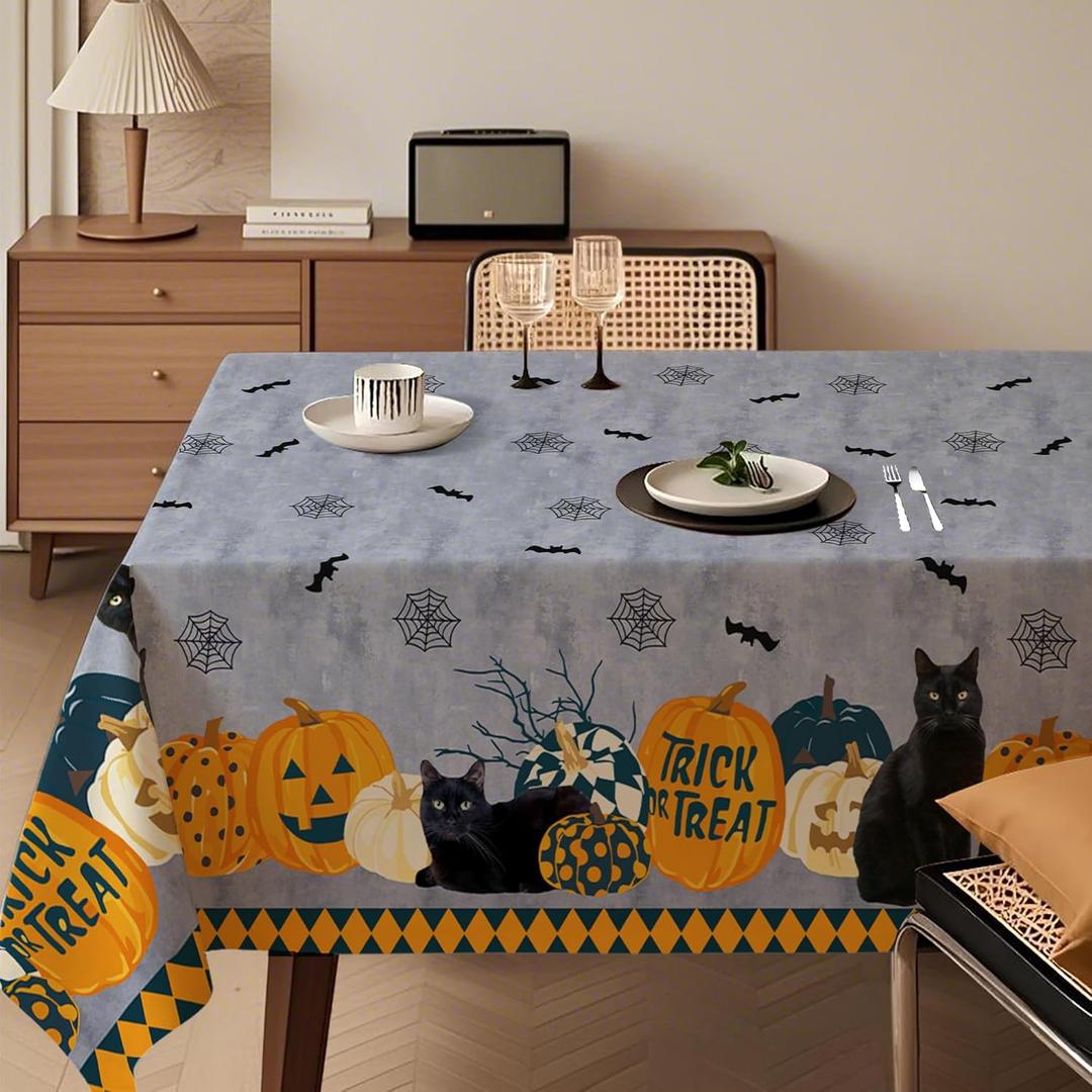 Halloween Waterproof Tablecloth  Spooky Pumpkin, Black Cat, Bat & Spider Web Design  Gray Holiday Table Cover for Party, Dining, and Home Decor, W60 x L84 in