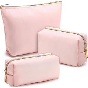 Kigeli 3 Pcs Nylon Makeup Bag Set for Women Aesthetic Cosmetic Bag with Interior Pocketes Preppy Cute Purse Pouch Makeup Brushes Storage Organizer for Travel(Pink)