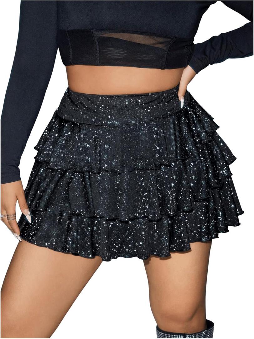 WDIRARA Women's Plus Mesh Leopard Print Y2K Mini Skirt Tiered Layered Ruffle Hem Skinny Skirts (X-Large Plus, Black Glitter)