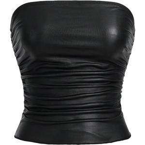 SOLY HUX Women's Faux Leather Strapless Crop Tube Tops Going Out Bandeau Shirts Rave Concert Outfit (Medium)