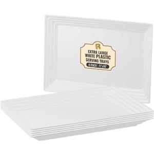 8 Pack Extra Large Plastic Serving Trays for Party - 16 x 11 White Large Serving Tray - Heavy Duty White Plastic Trays for Food - Rectangular Party Serving Trays and Platters