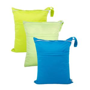 babygoal Wet Dry Bags 3 Pack for Baby Cloth Diapers, Washable Travel Bags, Beach, Pool, Gym Bag for Swimsuits & Wet Clothes with 2 Pockets 3LN10 (Green and Blue)