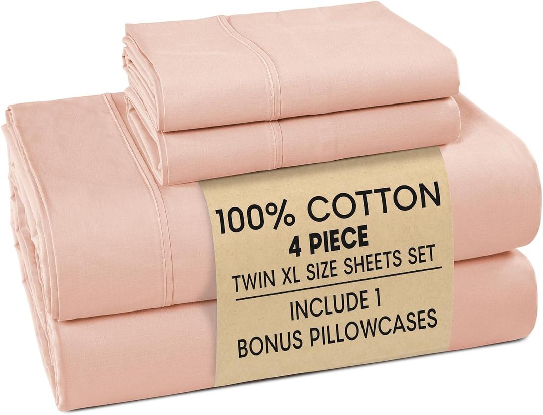 Casa Platino 100% Cotton Twin XL Size Sheets Set 4 Piece Crisp Percale Twin XL Size Cooling Sheets, Lightweight for Summer, with 15" Deep Pocket Fitted Sheet, Comfortable & Airy Sleep Veiled Rose