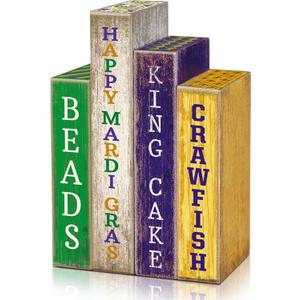 Lineshading 4 Pcs Mardi Gras Table Decor Rustic Wooden Book Sign Carnival Tiered Tray Decor Farmhouse Tabletop Sign Centerpieces for Mardi Gras Carnival Home Shelf Decoration
