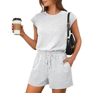 ANRABESS Rompers for Women Summer 2025 Casual Cap Sleeve Crewneck Drawstring One Piece Jumpsuit Outfits with Pockets (Medium, Light Grey)
