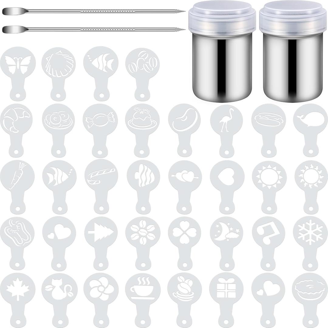 72 Pieces Coffee Decoration Stencils Latte Art Template Coffee Mold Tool with 2 Latte Art Pen 2 Dusting Jars Mesh Powder Shaker for Cake Cookie Decorating Oatmeal Cappuccino Hot Chocolate