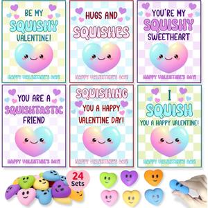Heart Shape Squishies Valentines Day Cards Gifts for Boys Girls Classroom Exchange, 24 Packs Valentines Day Heart Shape Squishies with Cards for Kids School Party Favor