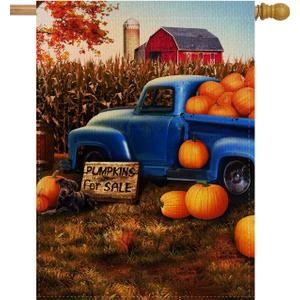 Dyrenson Fall Farm Truck 28 x 40 House Flag Farmhouse Double Sided, Rustic Autumn Thanksgiving Harvest Pumpkin Burlap Garden Yard Decoration, Primitive Pickup Outdoor Dcor Decorative Large Flag