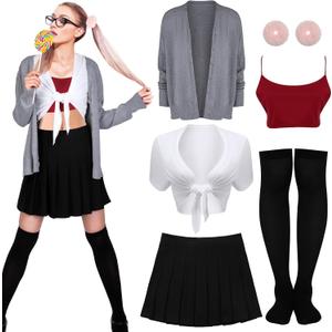 Jeyiour 6 Pcs Halloween Pop Singer Costume Furry Scrunchies Tie up Shirt Pleated Skirt Cardigan Sweater Top high Sock (Medium)