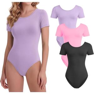 3 Pack Women's Short Sleeve Dance Leotards Crew Neck Loose Ballet Costumes Classic Basic Tops Adult Bodysuits (M)