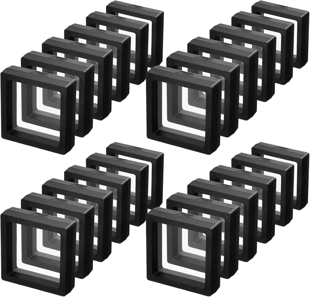 Queekay 60 Pcs 3D Floating Display Case 2.8 x 2.8 x 0.8 Inch Coin Frame Display Holder Stands for Antique Challenge Coins, Jewelry, Shells, Gems, Minerals, Rocks, Specimen, Pins(Black)