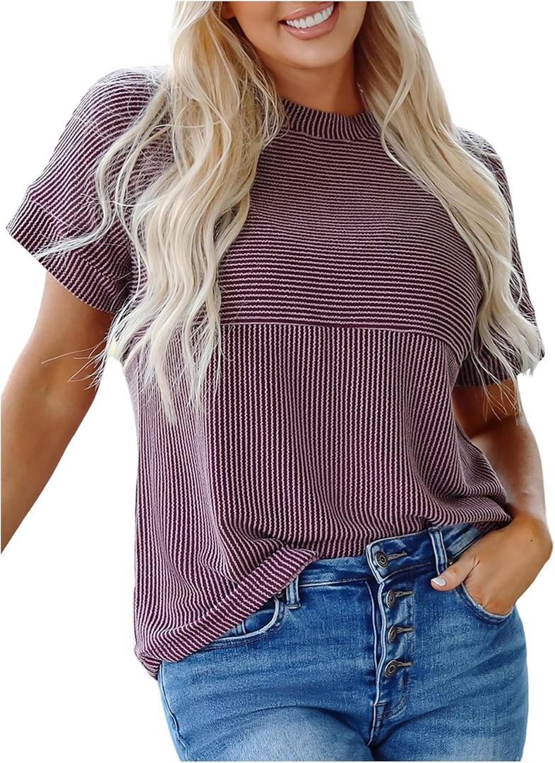 Verdusa Women's Striped Shirt Color Block Crew Neck Babydoll Casual Tops (L)