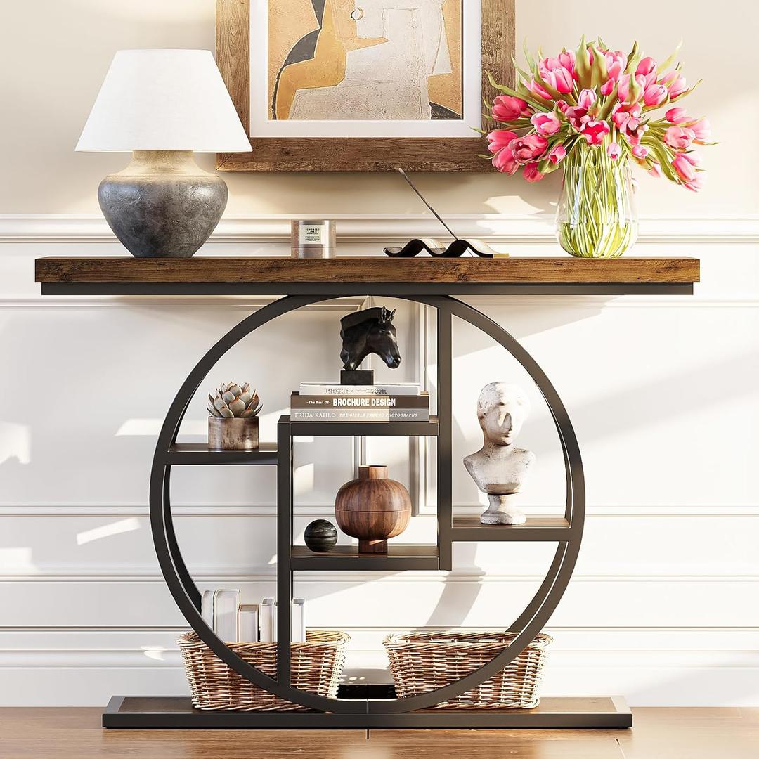 karlott Entryway Table, 41.3" Industrial 6-Tier Console Table Sofa Table with Storage Shelves, Narrow Wood Accent Table with Circle Metal Frame for Living Room, Hallway, Entrance, Rustic Brown
