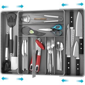 Simple Houseware Expandable Kitchen Drawer Flatware Organizer, Gray  Adjustable Cutlery Tray with 9 Compartments for Utensils and Silverware