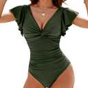 Blooming Jelly Womens Tummy Control Swimsuit Vintage One Piece Bathing Suits V Neck Ruffle Modest Swimwear Green L
