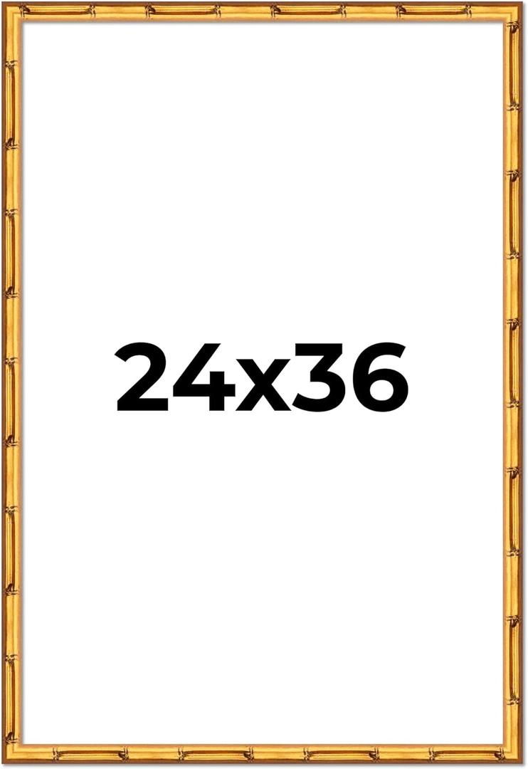 Poster Palooza 24x36 Frame Gold Bamboo Solid Wood Picture Frame with UV Acrylic, Foam Board Backing & Hanging Hardware Included