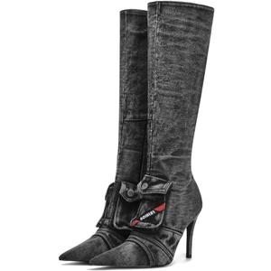 Denim Knee High Boots for Women Pointed Toe Stilettos High Heel Boots Vintage Washed Jeans Back Zipper Casual Fashion Shoes (11, Black)
