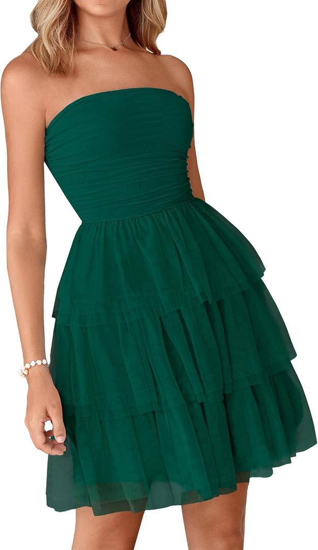 PRETTYGARDEN Womens Tulle Dress Strapless Tube Top Short Dress Summer Ruffle Tiered Party Wedding Guest Dresses (Large, Dark Green)