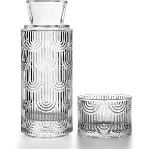 Bedside Water Carafe and Glass Set, Mouthwash Dispenser for Bathroom, 21.6 Oz Glass Water Bottles with 6 Oz Drinking Cup as Lid, Pitcher for Nightstand, Kitchen (Clear)