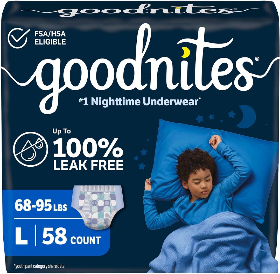Goodnites Boys' Nighttime Bedwetting Underwear, Size Large (68-95 lbs), 58 Ct (2 Packs of 29)