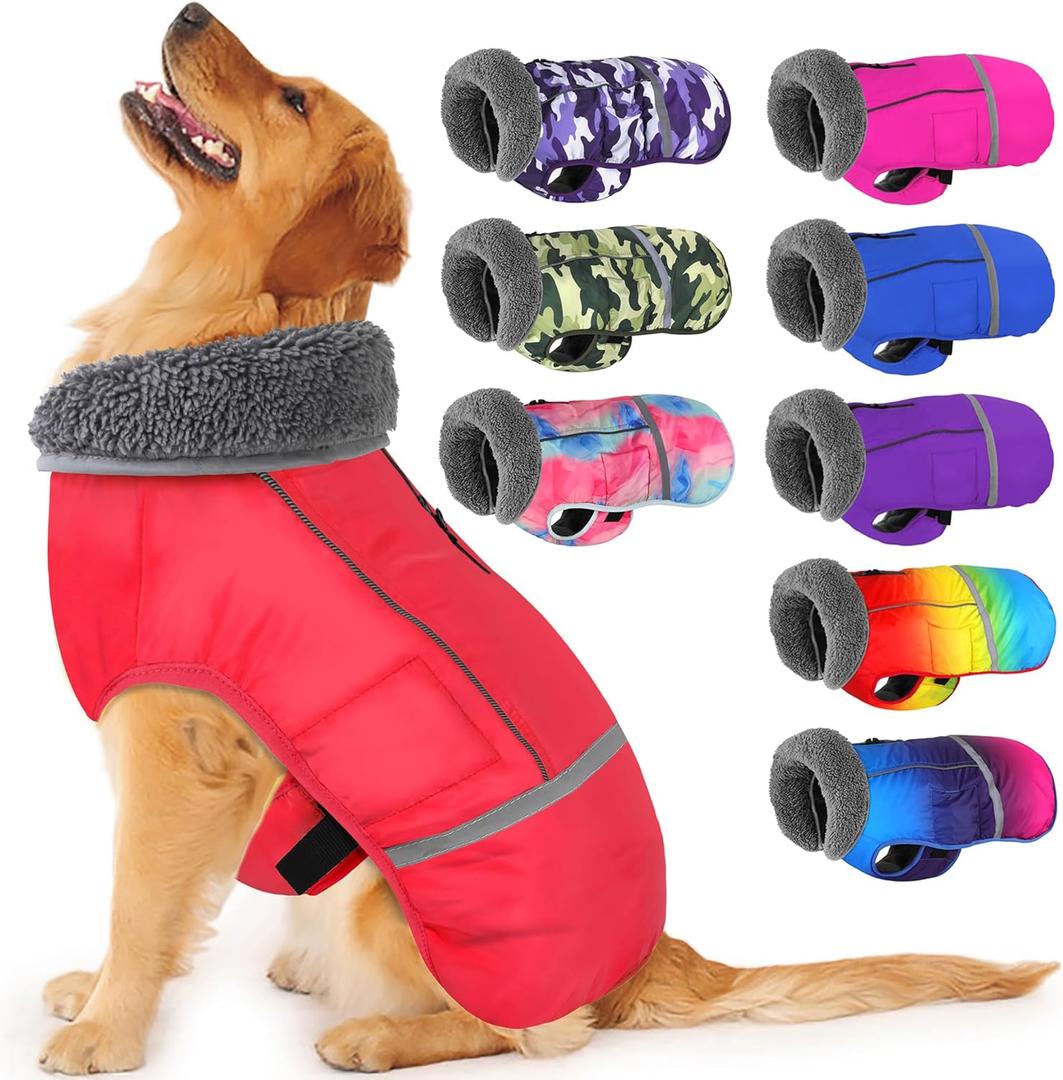Dogcheer Warm Dog Coat, Christmas Dog Jacket Waterproof Puppy Winter Coat with Buckles, Reflective Adjustable Pet Snow Jacket Turtleneck Fleece Sweater for Small Medium Large Dogs - Red, M
