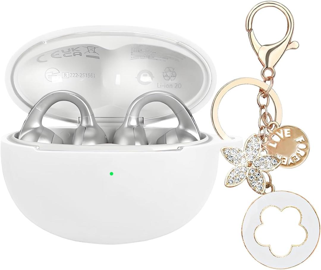 Case Cover Compatible with Baseus Bowie MC1 Pro, Ziseyoru Soft Silicone Protective Skin for Baseus Bowie MC1 Pro Earbuds with Accessories Bling Keychain for Women Girl (White)