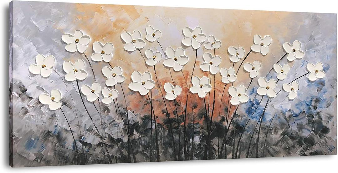 Yihui Arts Hand-Painted Oil Painting on Canvas Textured White Floral Wall Art Modern Horizontal Decor for Living Room Bedroom Office