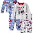 The Children's Place Baby Boys' and Toddler Long Sleeve Top and Pants Snug Fit 100% Cotton 4 Piece Pajama Set Size (12-18) months