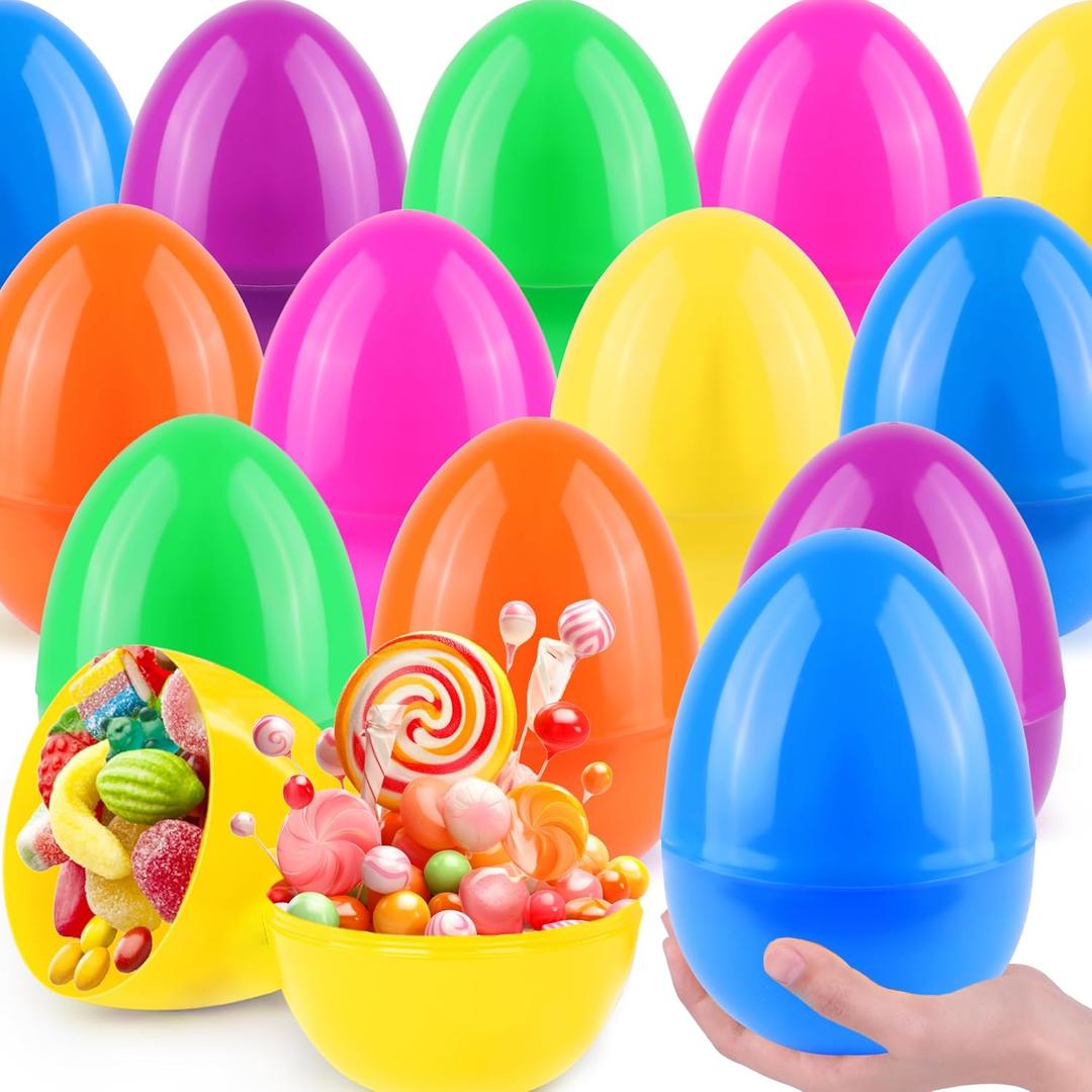 12 PCS Jumbo Easter Eggs 6 Inch Giant Plastic Bright Solid Easter Eggs Assorted Colors Large Fillable Easter Egg for Easter Party Favor Easter Eggs Hunt Easter Basket Stuffers Fillers Classroom Prize