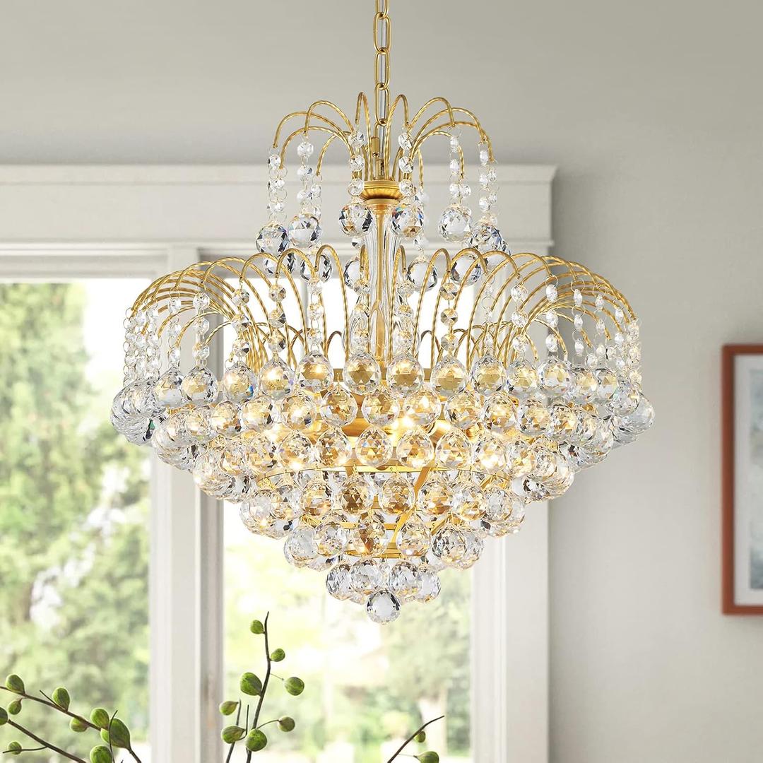 WUZUPS Crystal Chandelier Pendant Flushmount Ceiling Light Modern Lighting Fixture for Bedroom Hallway Bar Kitchen Bathroom, H 17.3" x W 18.9", Gold, E12 Base