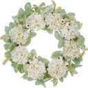 Hydrangeas Wreaths for Front Door Decor, 20" Artificial White Hydrangea Macrophylla Wreath Decorations for Spring Summer Home Door Window Outside Wall Indoor Outdoor Porch and Wedding Party