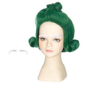Yan Dream Kids Short Wavy Green Wig with White Eyebrows for Child Funny Wigs Halloween Party