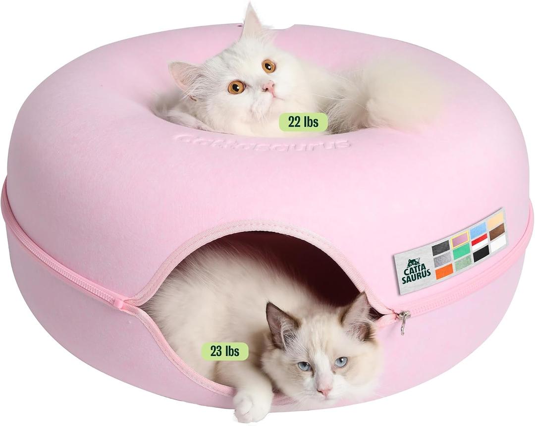 Cattasaurus Peekaboo Cat Cave Donut for Multiple & Large Cats up to 30-45 lbs, 3-in-1 Self Warming Cat Bed, Tunnel & Scratcher for Indoor Cats, Washable & Detachable Small Dog Bed (Pink, Large)